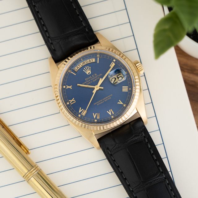 Rolex Day-Date 36 18038, Yellow Gold, Blue Roman Dial, Leather Strap