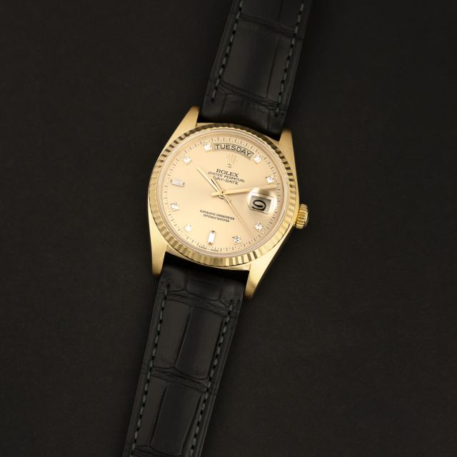 Rolex Day-Date 36 18038, Yellow Gold, Champagne Diamond Dial, Black Genuine Alligator Band