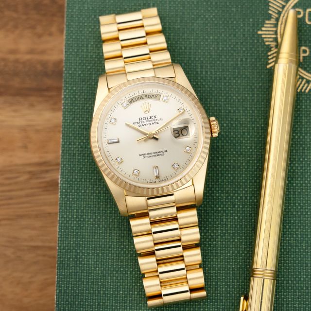 Rolex Day-Date 36 18038, Yellow Gold, Silver Diamond Dial, President Bracelet