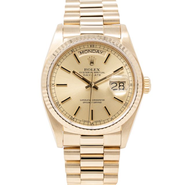 Rolex Day-Date 36 18038 Wristwatch, President Bracelet, Champagne Dial, Fluted Bezel