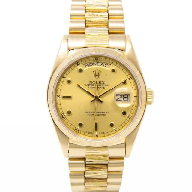 Rolex Men's Day-Date 36 18078 Wristwatch, President Bark Bracelet, Champagne Button Dial, Engine-Turn Bezel