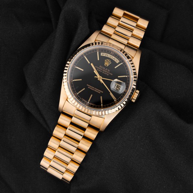 Rolex Day-Date 36 18238, Yellow Gold, Black Dial, President Bracelet