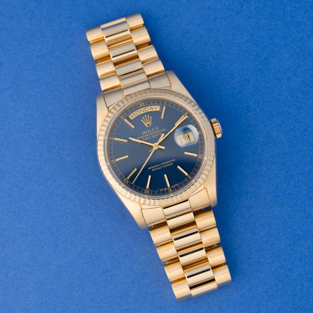 Rolex Day-Date 36 18238, Yellow Gold, Blue Dial, President Bracelet