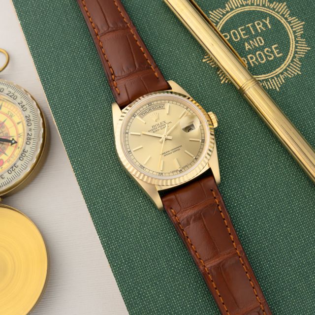 Rolex Day-Date 36, 18238, Yellow Gold, Champagne Dial, Leather Strap, Renewed