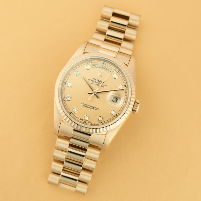 Rolex Day-Date 36, 18238, Yellow Gold, Champagne Diamond Dial, President Bracelet, Renewed