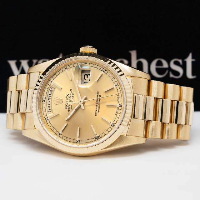 Rolex Day-Date 36 18238, Yellow Gold, Champagne Dial, President Bracelet (Renewed)