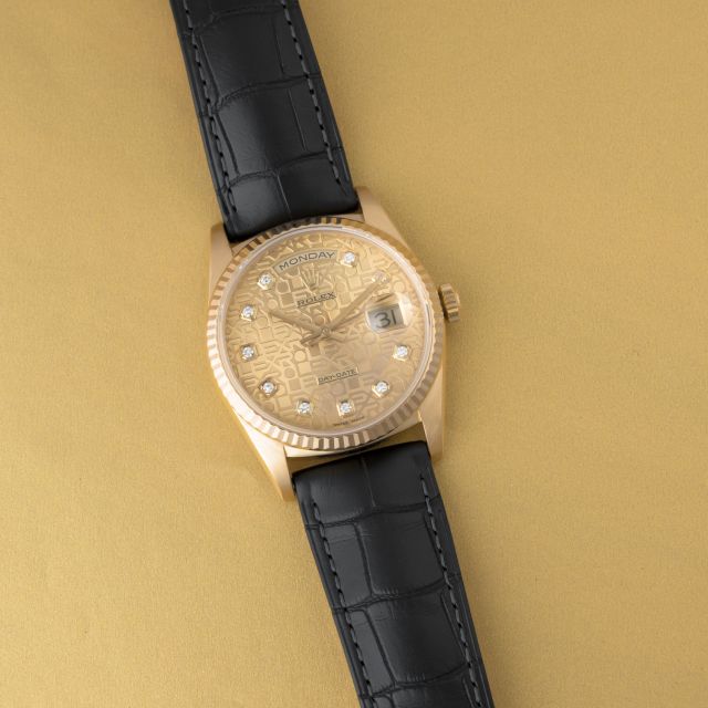 Rolex Day-Date 36 18238, Yellow Gold, Champagne Jubilee Diamond Dial, Leather Strap
