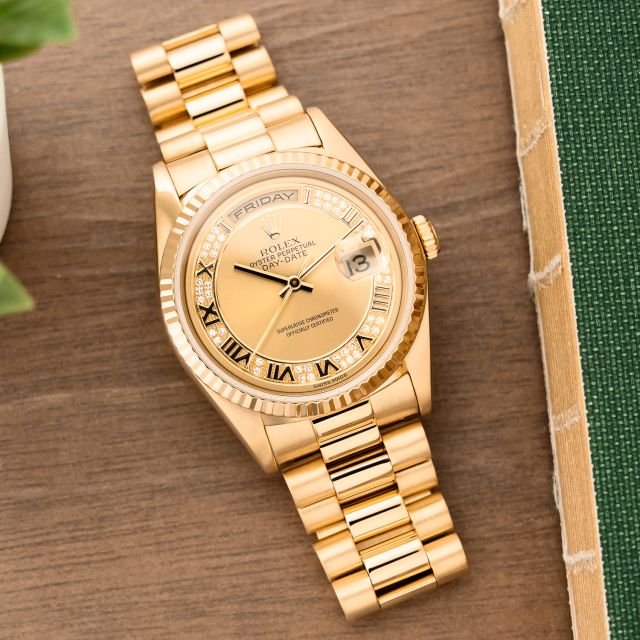 Rolex Day-Date 36, 18238, Yellow Gold, Champagne Myriad Roman Dial, President Bracelet, Renewed