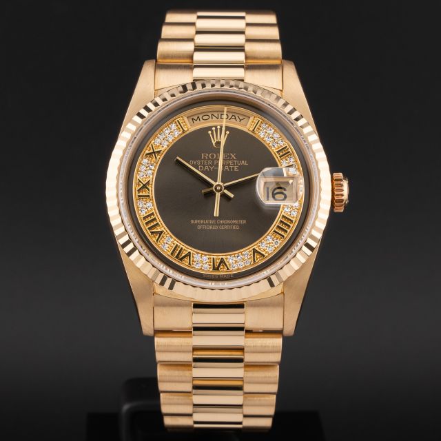 Rolex Day-Date 36 18238, Yellow Gold, Grey Myriad Roman Diamond Dial, President Bracelet, Box & Papers