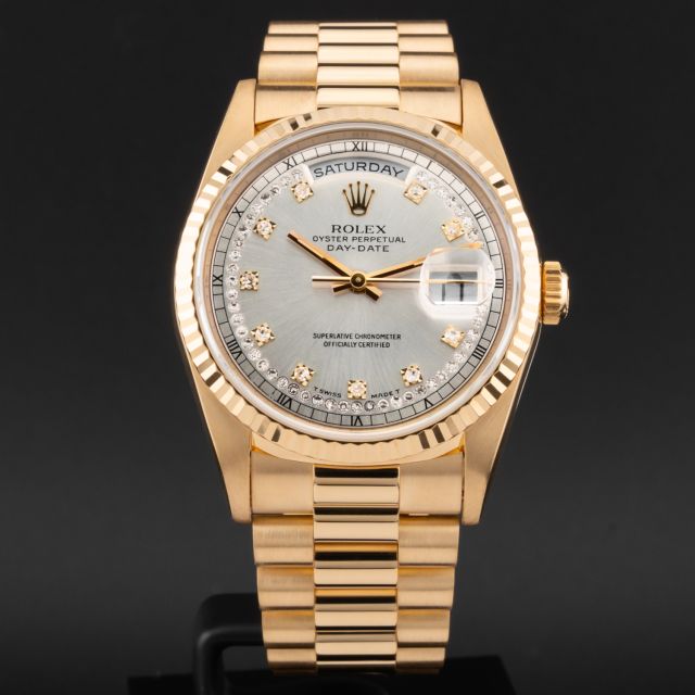 Rolex Day-Date 36, 18238, Yellow Gold, Silver Diamond String Diamond Dial, President Bracelet, Renewed