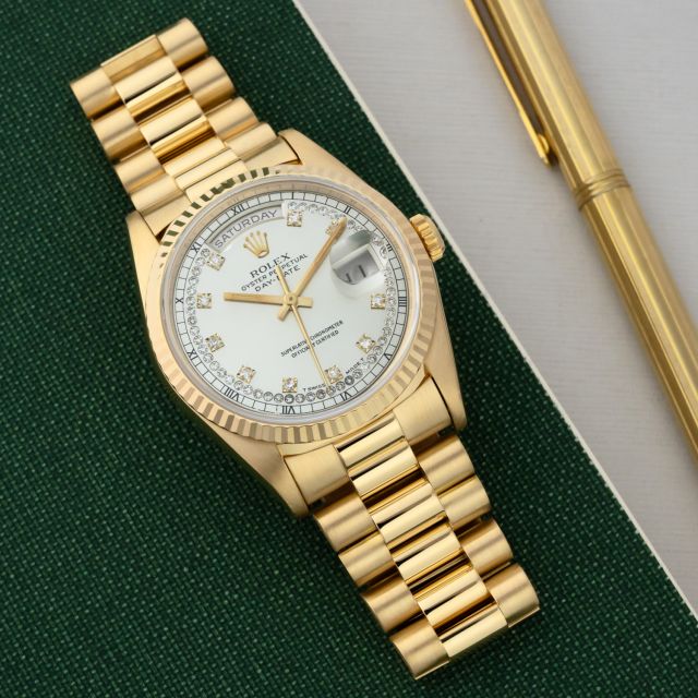 Rolex Day-Date 36, 18238, Yellow Gold, Silver Diamond String Diamond Dial, President Bracelet, Renewed
