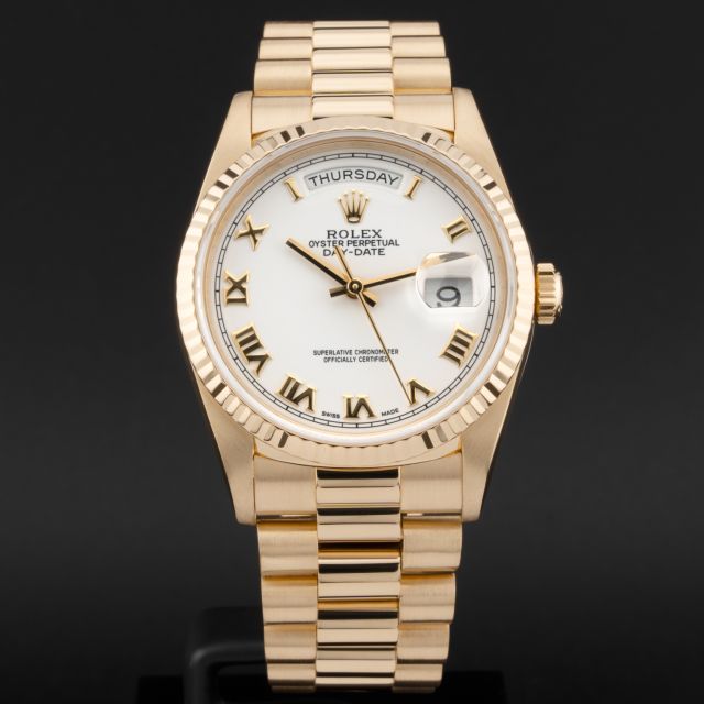 Rolex Day-Date 36, 18238, Yellow Gold, White Roman Dial, President Bracelet, Renewed