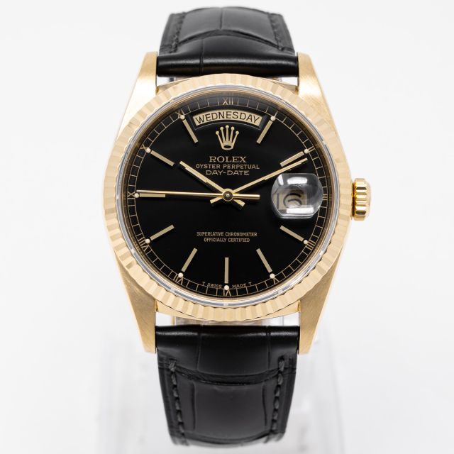 Rolex Day-Date 36 18238 Wristwatch, Black Dial, Leather Strap, Fluted Bezel
