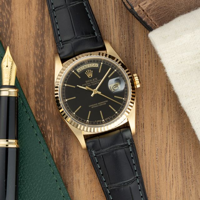 Rolex Day-Date 36 18238 Wristwatch, Black Dial, Leather Strap, Fluted Bezel