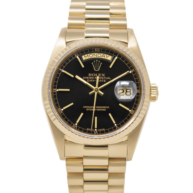 Rolex Day-Date 36 18238 Wristwatch, President Bracelet, Black Dial, Fluted Bezel