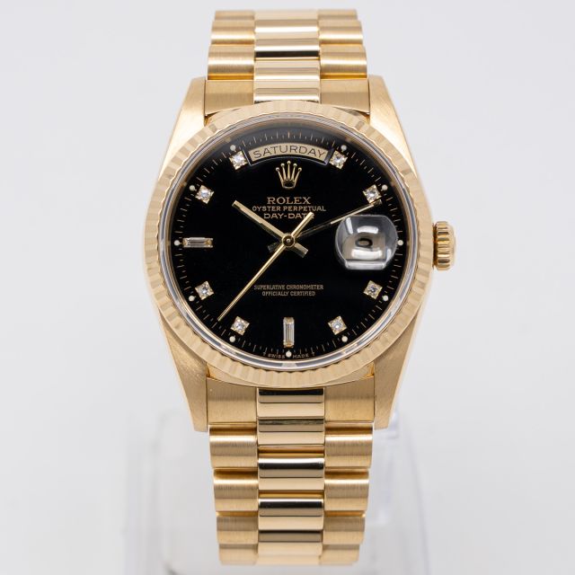 Rolex Day-Date 36, President Bracelet, Yellow Gold, Black Diamond Dial, 18238, Box & Papers