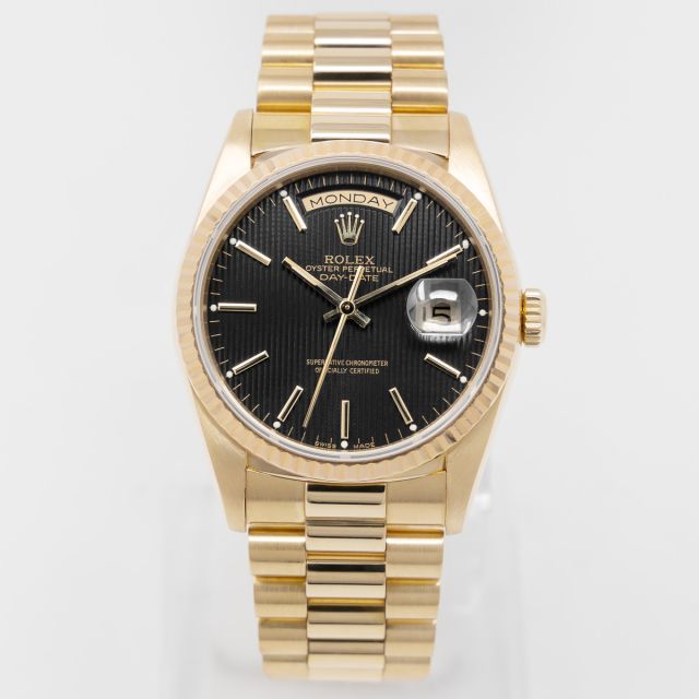 Rolex Day-Date 36 18238, Yellow Gold, Black Tapestry Dial, President Bracelet