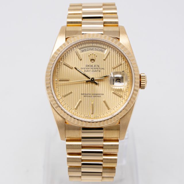 Rolex Day-Date 36, Yellow Gold, Champagne Tapestry Dial, President Bracelet, 18238, Watch Only