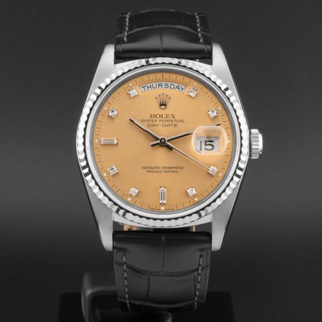 Rolex Day-Date 36 18239B, White Gold, Champagne Diamond Dial, Leather Strap, Renewed 