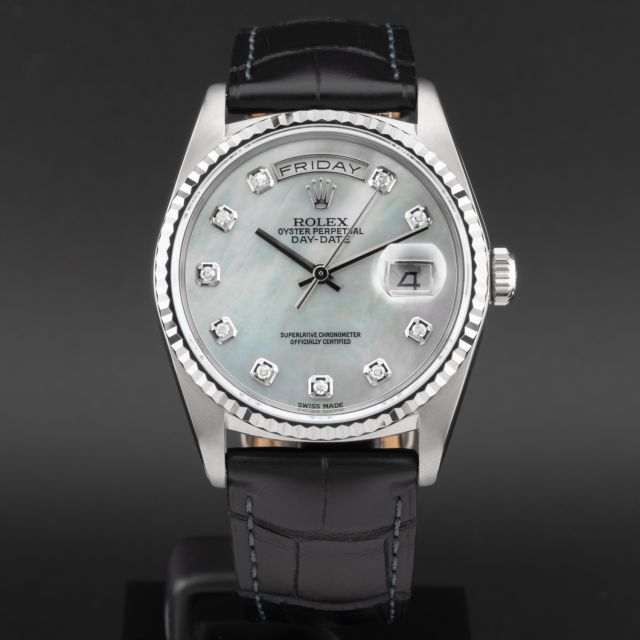 Rolex Day-Date 36 18239B, White Gold, Mother of Pearl Diamond Dial, Leather Strap, Renewed 