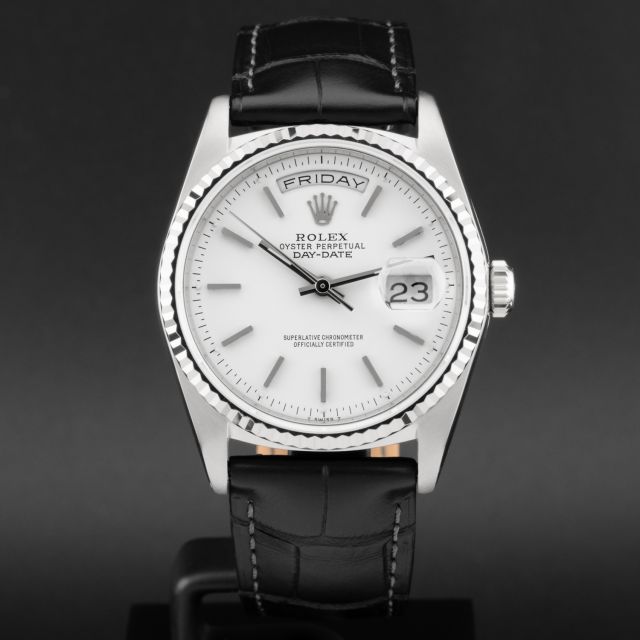 Rolex Day-Date 36 18239B, White Gold, White Index Dial, Leather Strap, Renewed