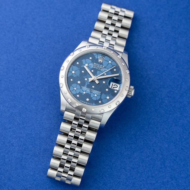 Rolex Datejust 31, Steel & White Gold, Azzurro Blue Floral Motif with Diamonds Dial, Jubilee Bracelet, 278344RBR, Box & Papers