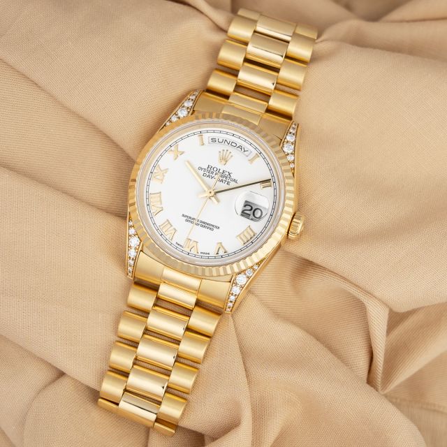Rolex Day-Date 36 18338, Yellow Gold, White Roman Dial, President Bracelet (Renewed)
