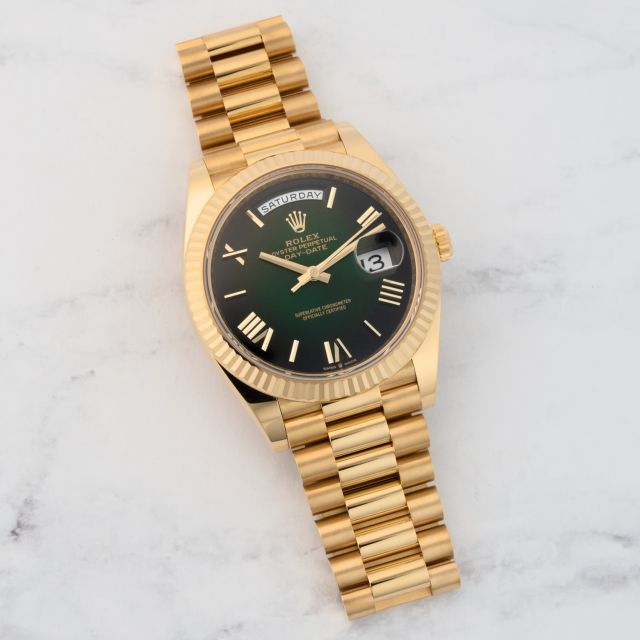 Rolex Day-Date 40 228238 Wristwatch, President Bracelet, Green Roman Dial, Fluted Bezel