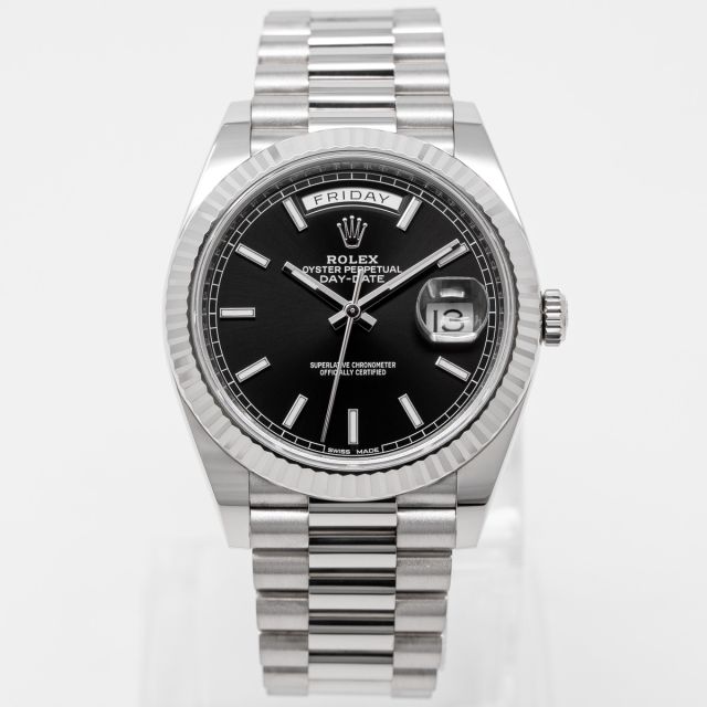 Rolex Day-Date 40 228239 Wristwatch, President Bracelet, Bright Black Dial, Fluted Bezel