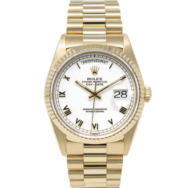 Rolex Day-Date 36 18238 Wristwatch, President Bracelet, White Skinny Roman Dial, Fluted Bezel
