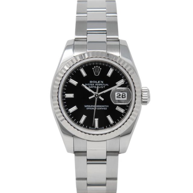 Rolex Lady-Datejust 179174 Wristwatch, Oyster Bracelet, Black Index Dial, Fluted Bezel