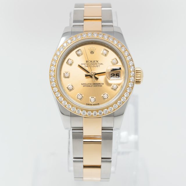 Rolex Lady-Datejust 179383 Wristwatch, Oyster Bracelet, Champagne Diamond Dial, Diamond Bezel