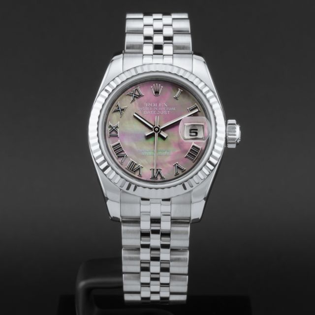 Rolex Lady-Datejust 26, 179174, Steel & White Gold, Black Mother of Pearl Roman, Jubilee Bracelet, Box Only (Renewed)