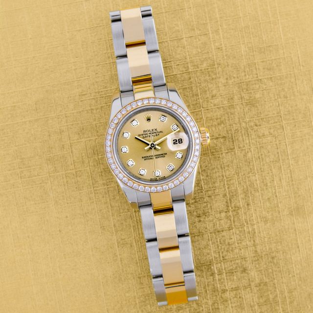 Rolex Lady-Datejust 179383 Wristwatch, Oyster Bracelet, Champagne Diamond Dial, Diamond Bezel