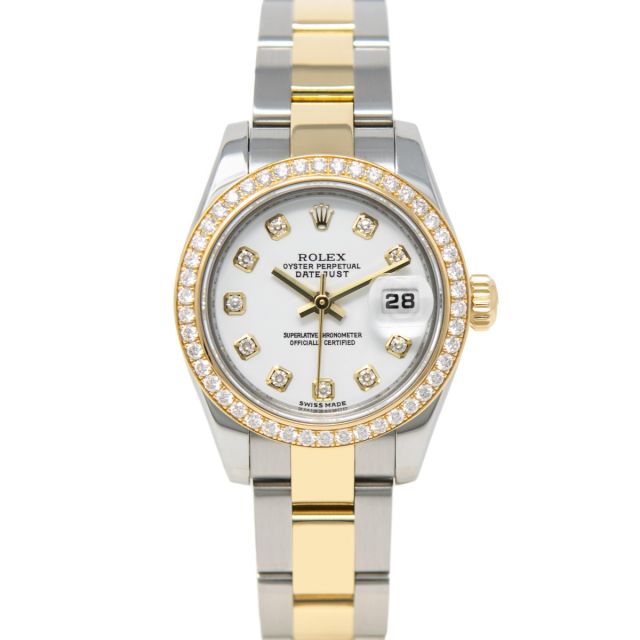 Rolex Lady-Datejust 179383 Wristwatch, Oyster Bracelet, White Diamond Dial, Diamond Bezel