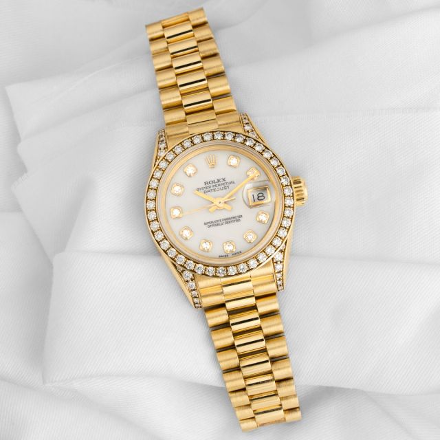 Rolex Lady-Datejust 26 69158, Yellow Gold, White Diamond Dial, President Bracelet