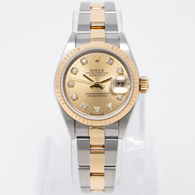 Rolex Lady-Datejust 26 69173 Wristwatch, Oyster Bracelet, Champagne Diamond Dial, Fluted Bezel