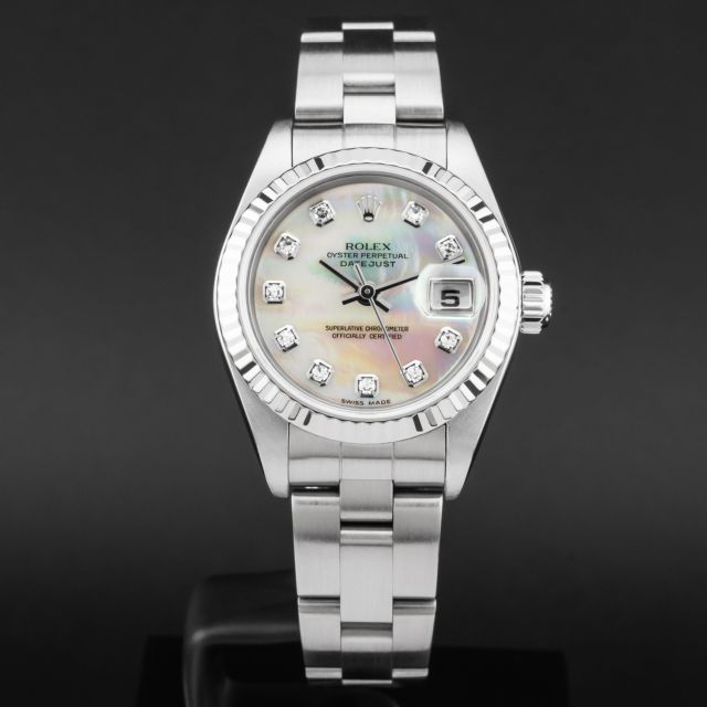 Rolex Lady-Datejust 26 79174 Wristwatch, Mother of Pearl Diamond Dial, Oyster Bracelet, Fluted Bezel