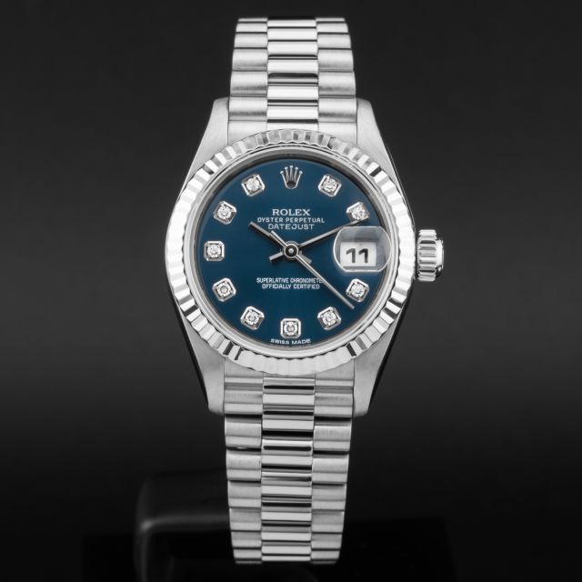 Rolex Lady-Datejust 26, 79179, White Gold, Blue Diamond Dial, President Bracelet, Renewed