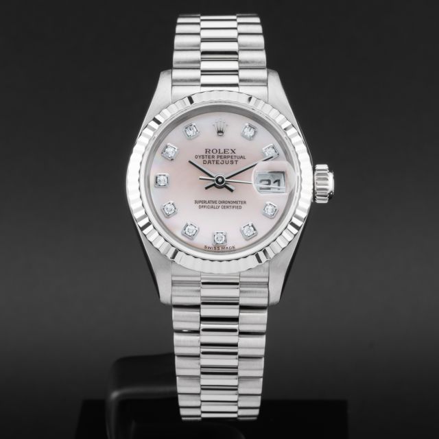 Rolex Lady-Datejust 26, 79179, White Gold, Mother of Pearl Diamond Dial, President Bracelet, Renewed
