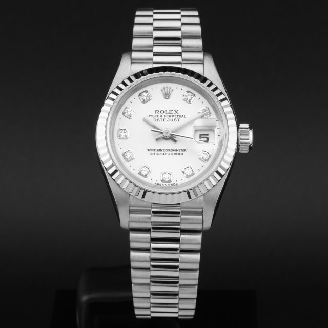 Rolex Lady-Datejust 26, 79179, White Gold, Silver Diamond Dial, President Bracelet, Renewed