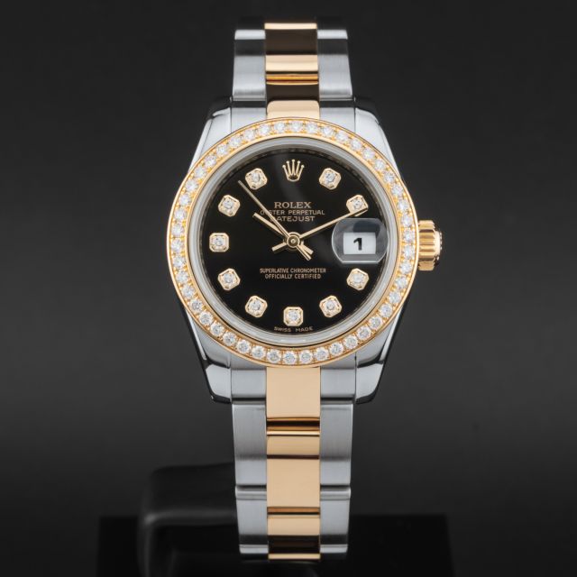 Rolex Lady-Datejust 26 179383, Steel & Yellow Gold, Black Diamond Dial, Oyster Bracelet, Box Only, Renewed
