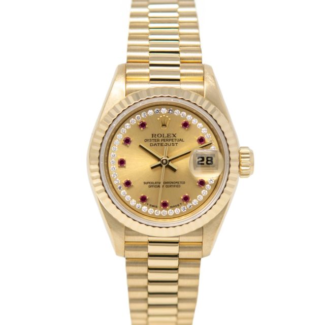 Rolex Lady-Datejust 69178 Wristwatch, President Bracelet, Champagne String Diamond Ruby Dial, Fluted Bezel