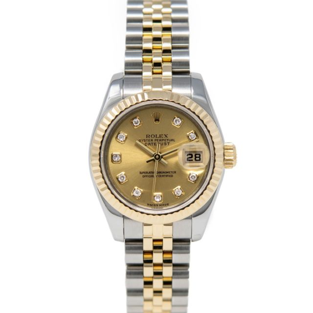Rolex Lady-Datejust 179173 Wristwatch, Jubilee Bracelet, Champagne Diamond Dial, Fluted Bezel