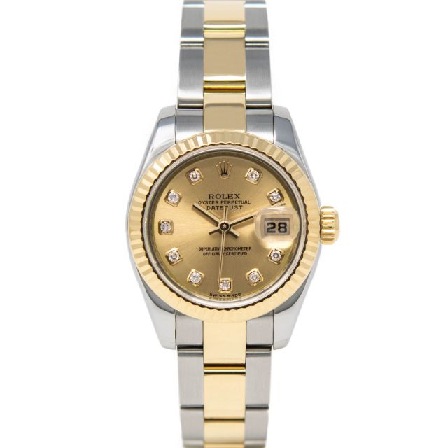Rolex Lady-Datejust 179173 Wristwatch, Oyster Bracelet, Champagne Diamond Dial, Fluted Bezel