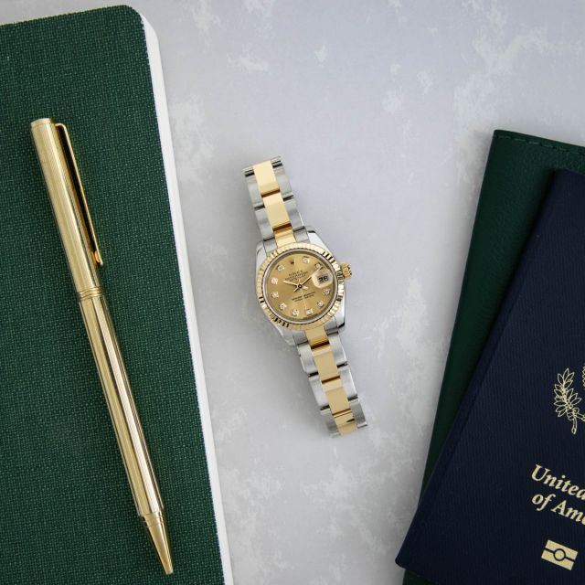 Rolex Lady-Datejust 179173 Wristwatch, Oyster Bracelet, Champagne Diamond Dial, Fluted Bezel