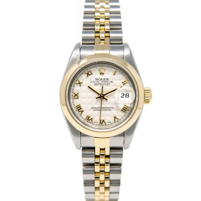 Rolex Lady Datejust 79163 Wristwatch, Jubilee Bracelet, Ivory Pyramid Roman Dial, Smooth Bezel