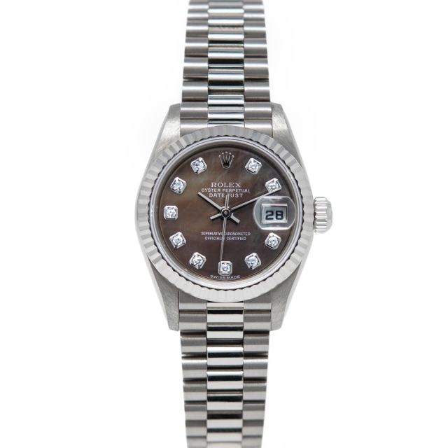 Rolex Lady Datejust 26 79179 Wristwatch, President Bracelet, Black Mother of Pearl Diamond, Fluted Bezel