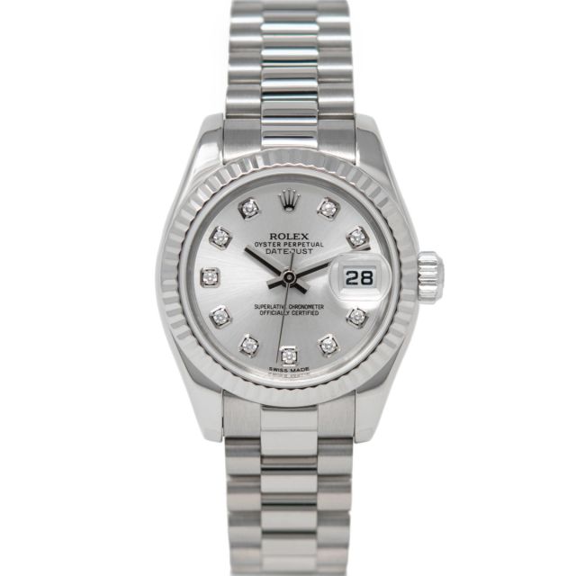 Rolex Lady Datejust 179179 Wristwatch, President Bracelet, Silver Diamond Dial, Fluted Bezel