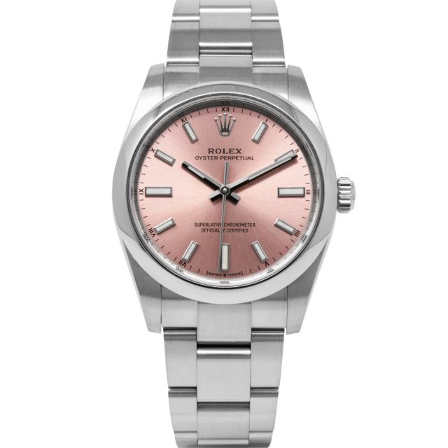 Rolex Oyster Perpetual 34 124200 wristwatch, Oyster Bracelet, Pink Dial, Smooth Bezel
